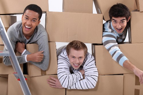 Professional movers handling a household box in West Harrow